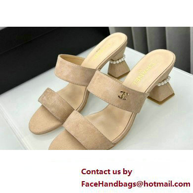 Chanel Kid Suede  &  Imitation Pearls Mules G45685 Beige 2024